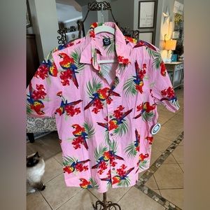 NWT Neff Men Size Med Pink Floral Parrot Button Up Shirt Short Sleeve Tropical
